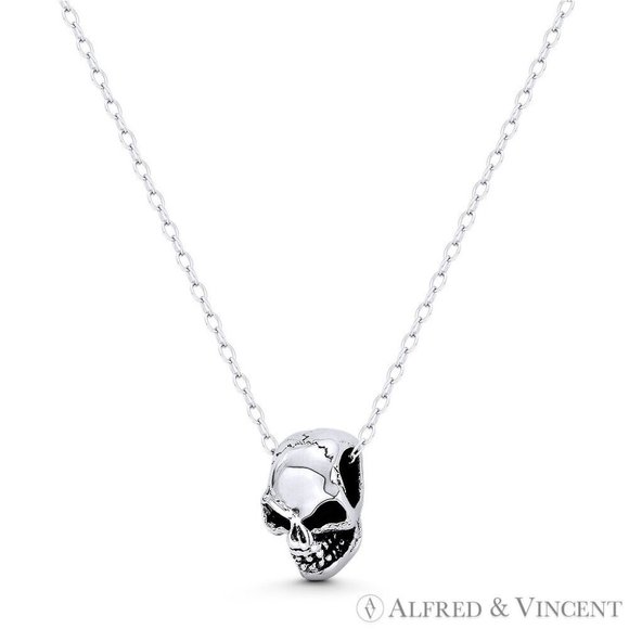 Skull / Skeleton Head Dia De Los Muertos Charm in Oxidized .925 Sterling Silver - Picture 1 of 1